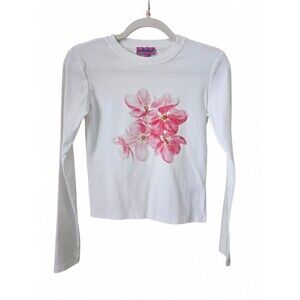 Edikted Long Sleeve Crop Top Women's Size Small White Pink Floral Graphic